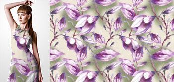 02028 Materiał ze wzorem fioletowe ręcznie malowane duże kwiaty (magnolie)